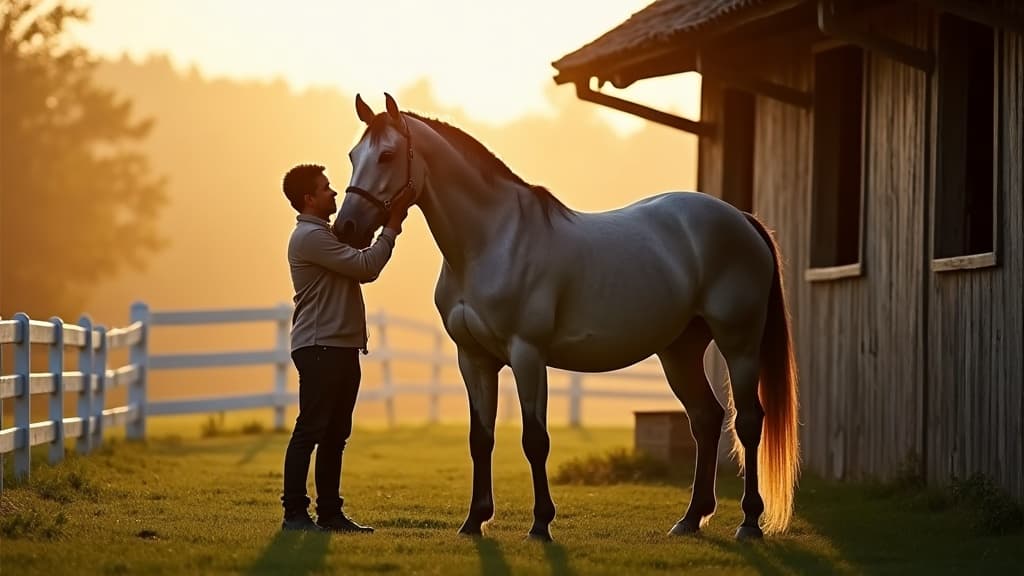 A stable hand grooming a horse outside the StirrupRidge barn at golden hour