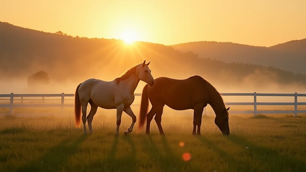 Horses grazing in a misty green pasture at golden hour at StirrupRidge Equestrian Center