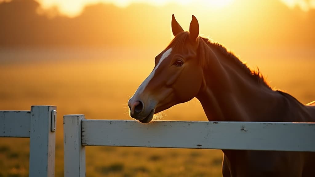 A horse resting its head over a pasture gate at StirrupRidge at golden hour