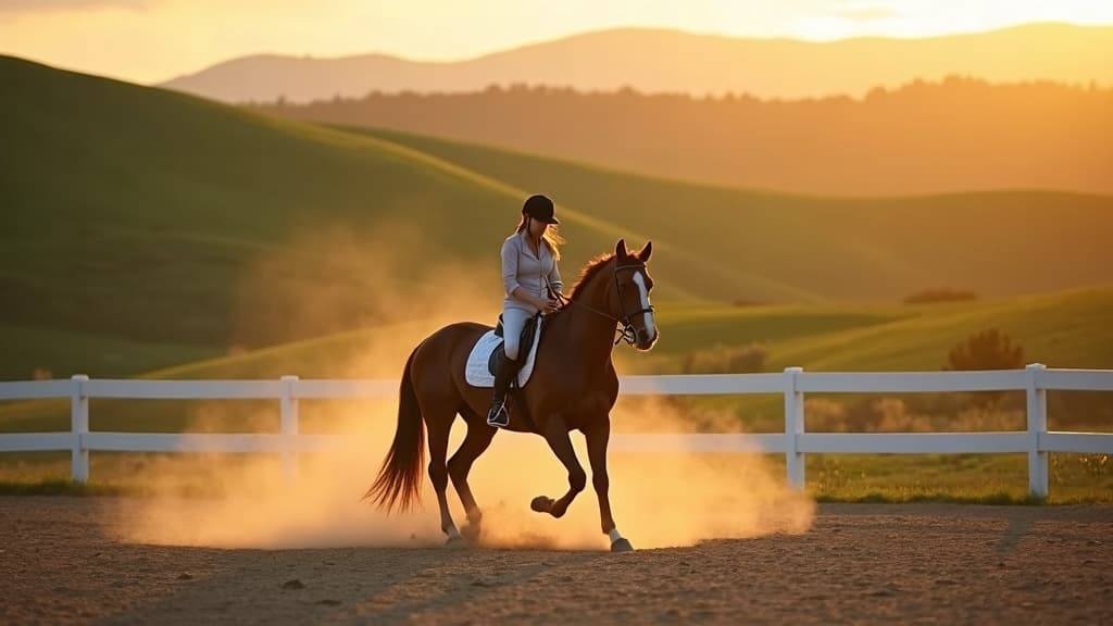 A rider and horse in the StirrupRidge outdoor ring at golden hour